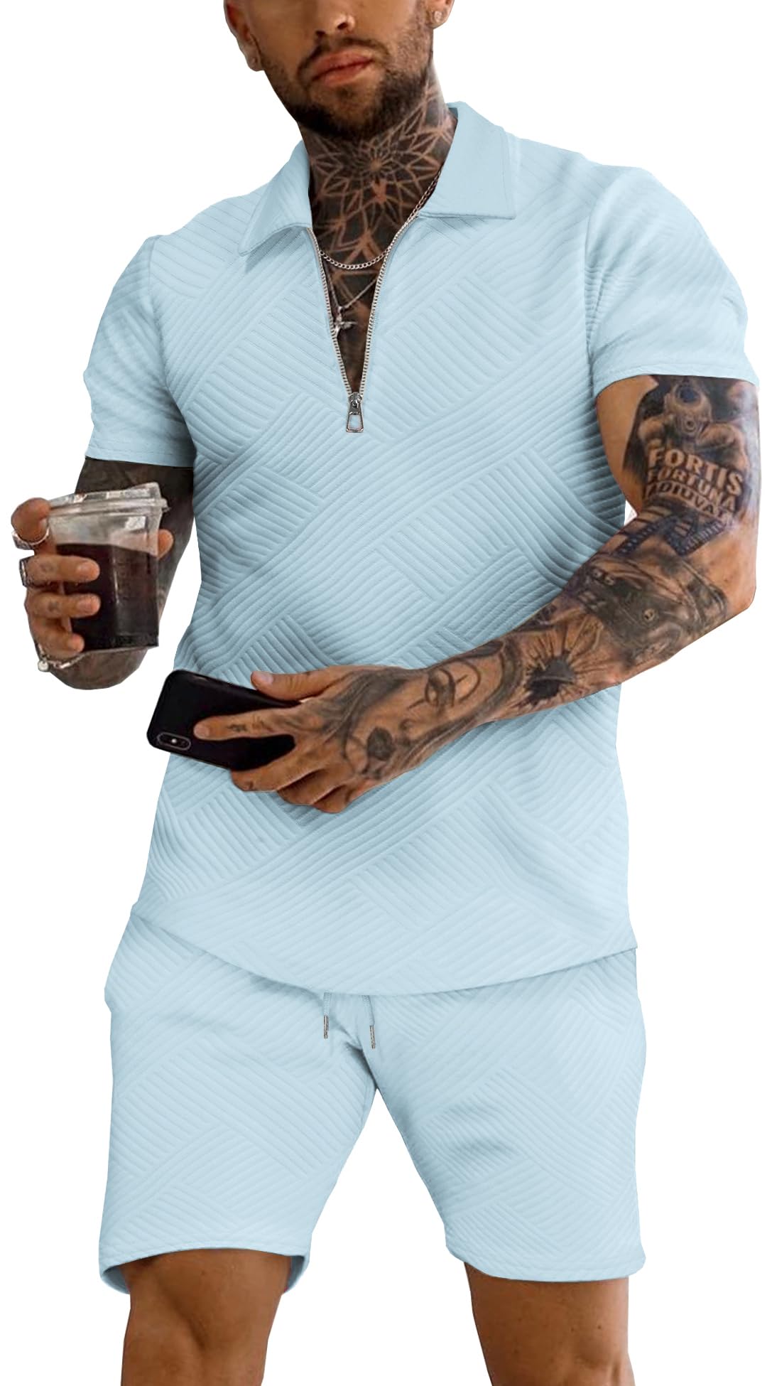 URRU Men's 2-Piece 3D Textured Polo & Shorts Set
