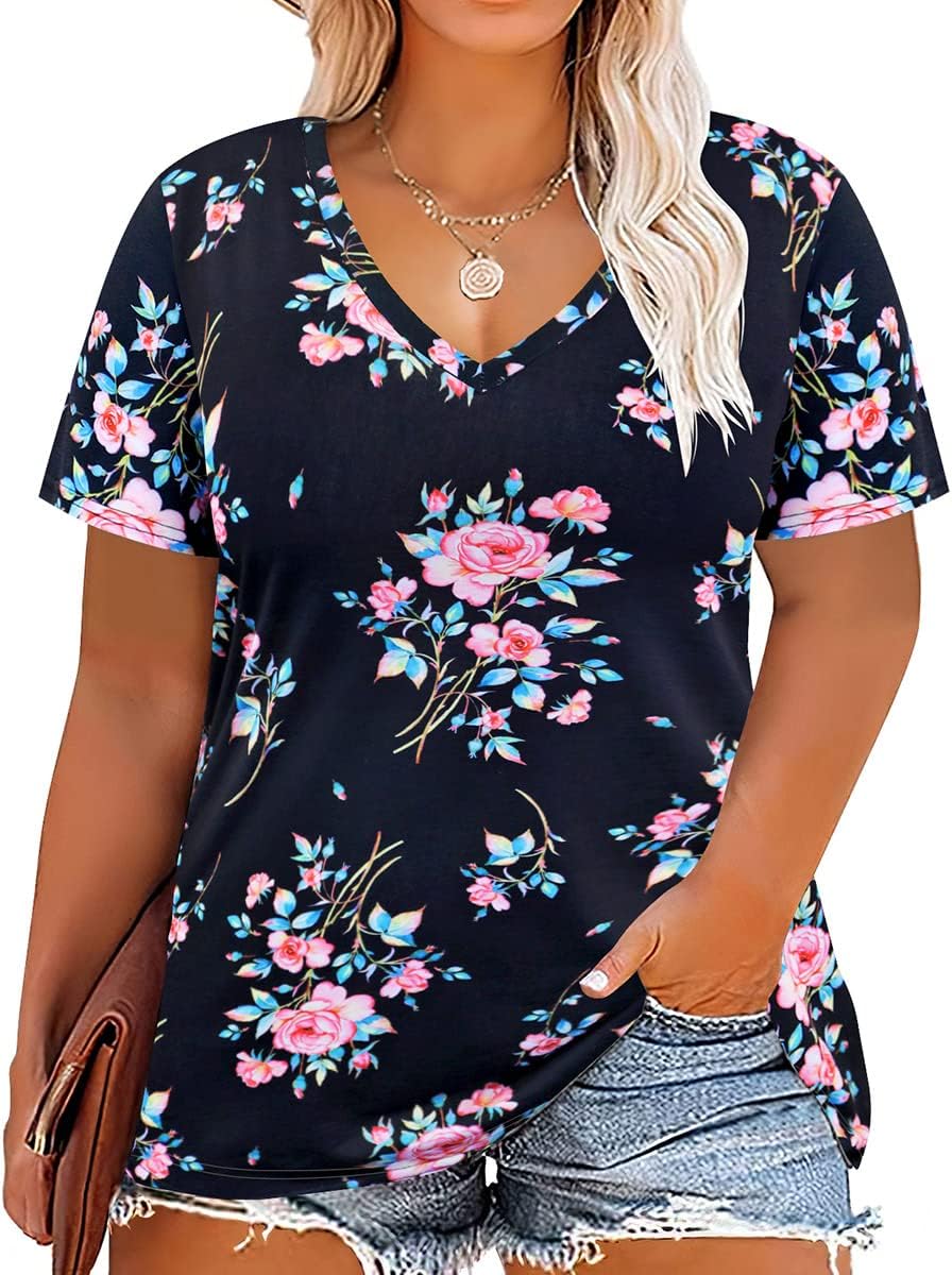 Floral V-Neck Plus Size Tunic Tops for Women - Women's T Shirts by Handbags Specialist Headquarter | Available at Handbags Specialist Headquarter