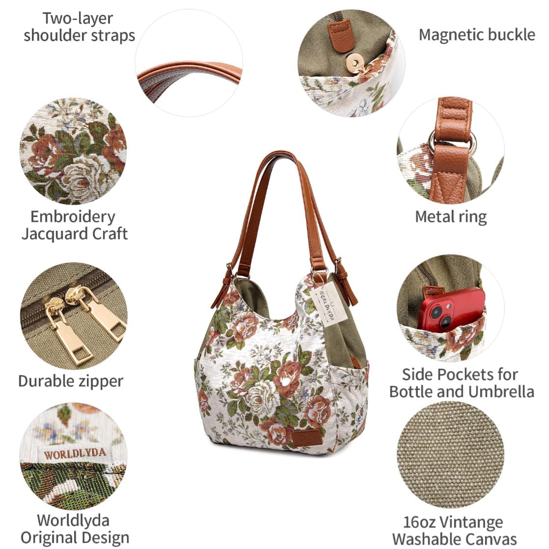 Worldlyda Women Canvas Embroidered Hobo Tote Bag