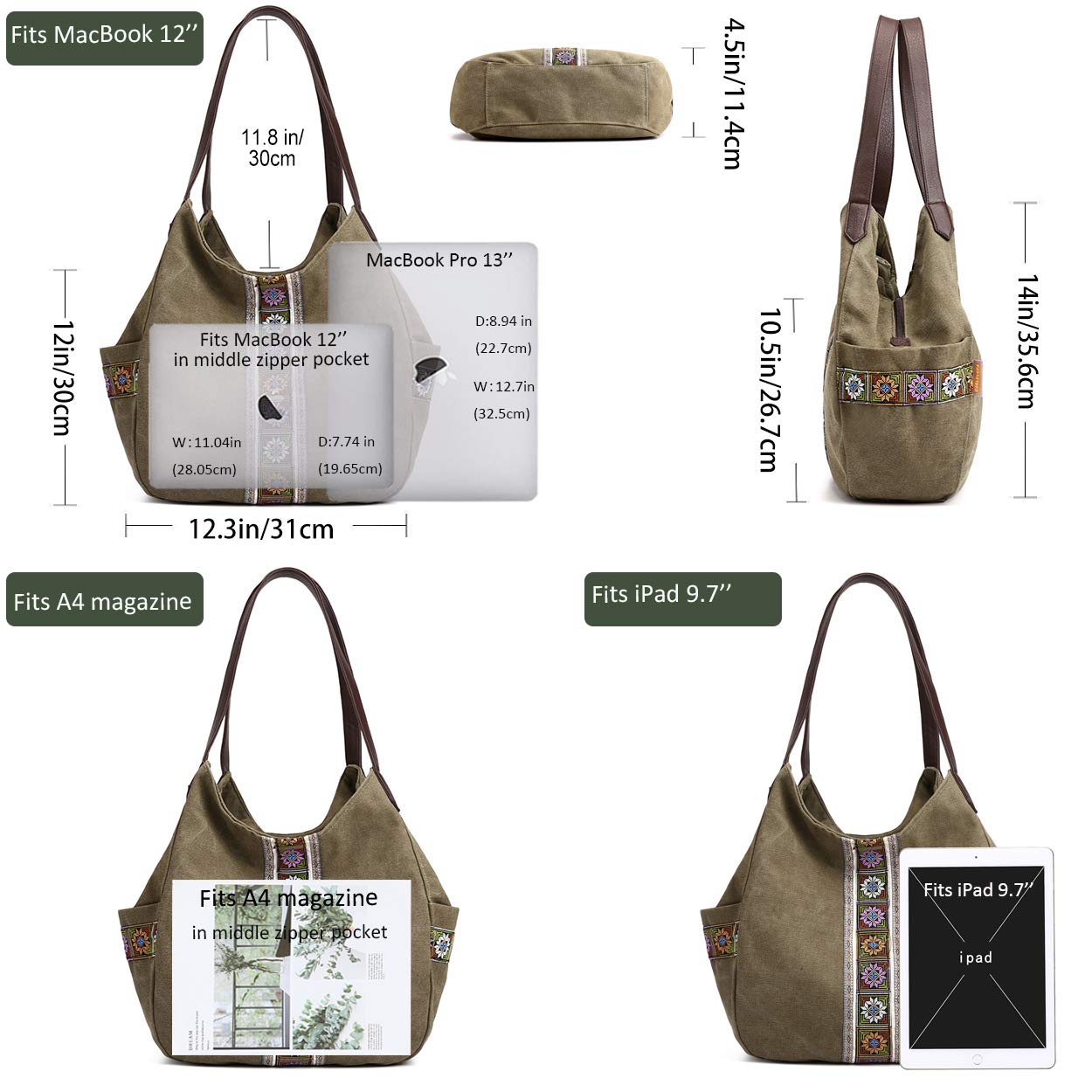 Worldlyda Women Canvas Embroidered Hobo Tote Bag
