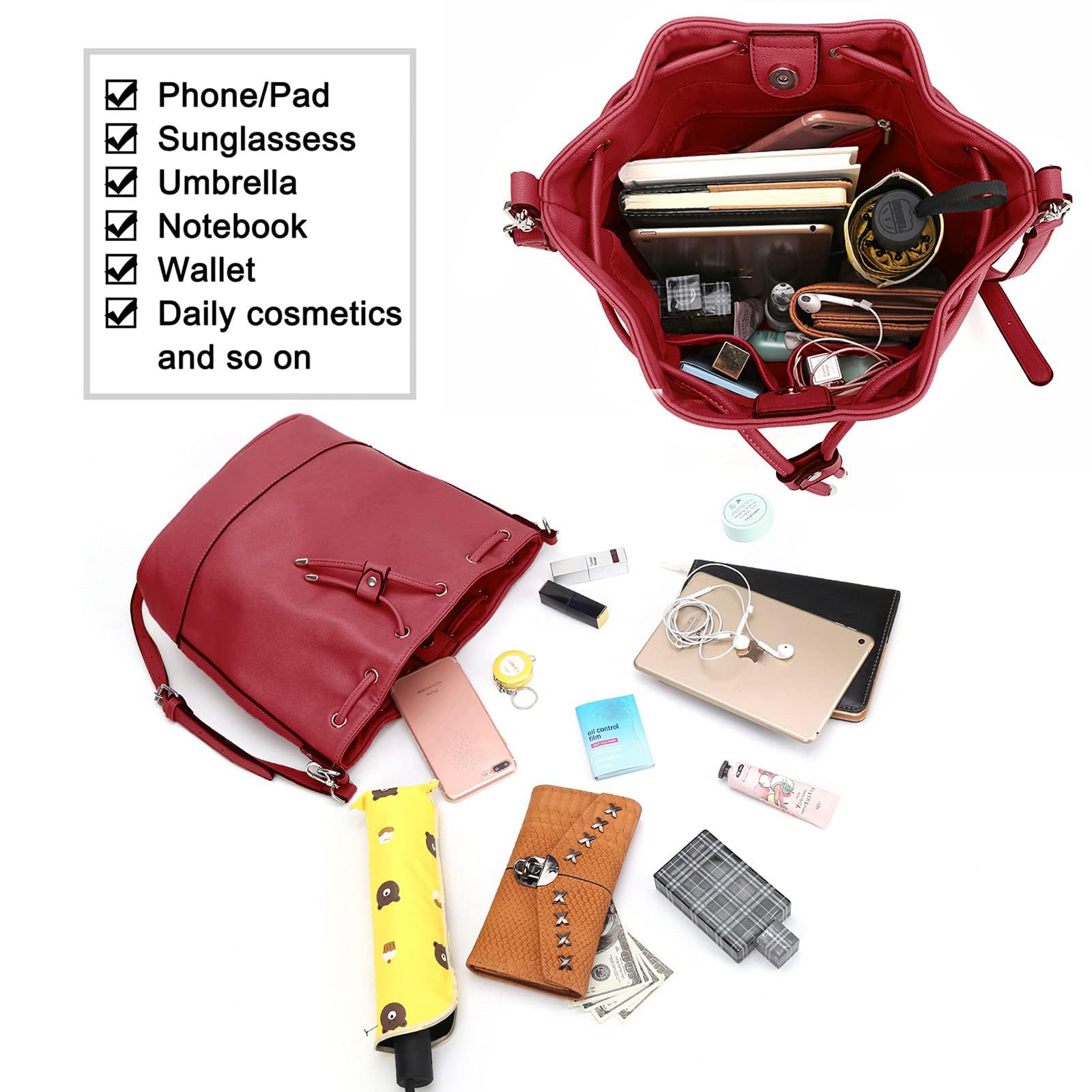 AFKOMST Chic Leather Bucket & Crossbody Bag Set -  by Handbags Specialist Headquarter | Available at Handbags Specialist Headquarter