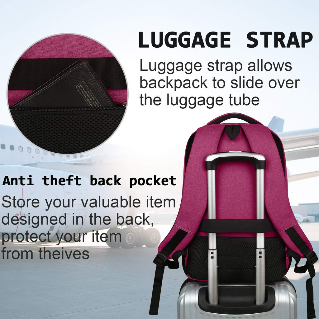 Volher Anti-Theft USB Laptop Backpack - Rose Red