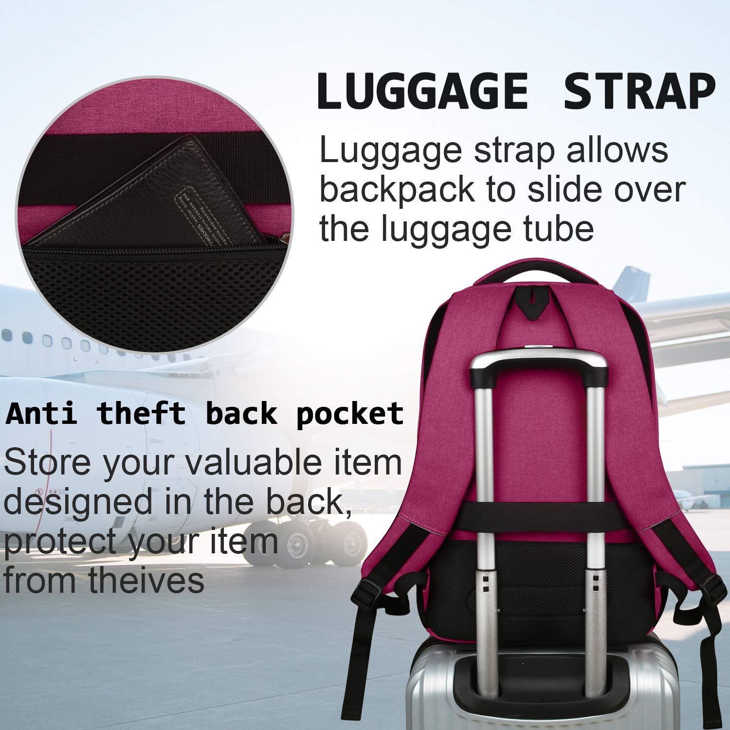 Volher Anti-Theft USB Laptop Backpack - Rose Red