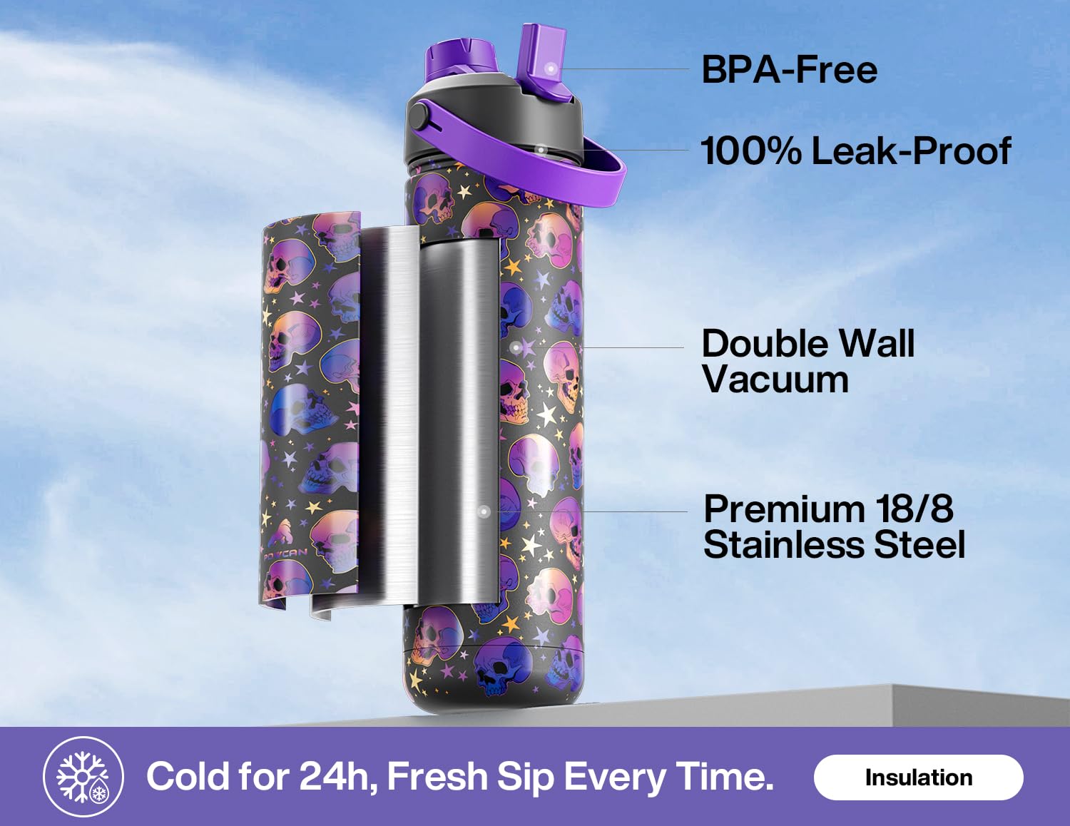 ChillKnight 26oz: Dual-Lid Leak-Proof Bottle - Water Bottles by Handbags Specialist Headquarter | Available at Handbags Specialist Headquarter