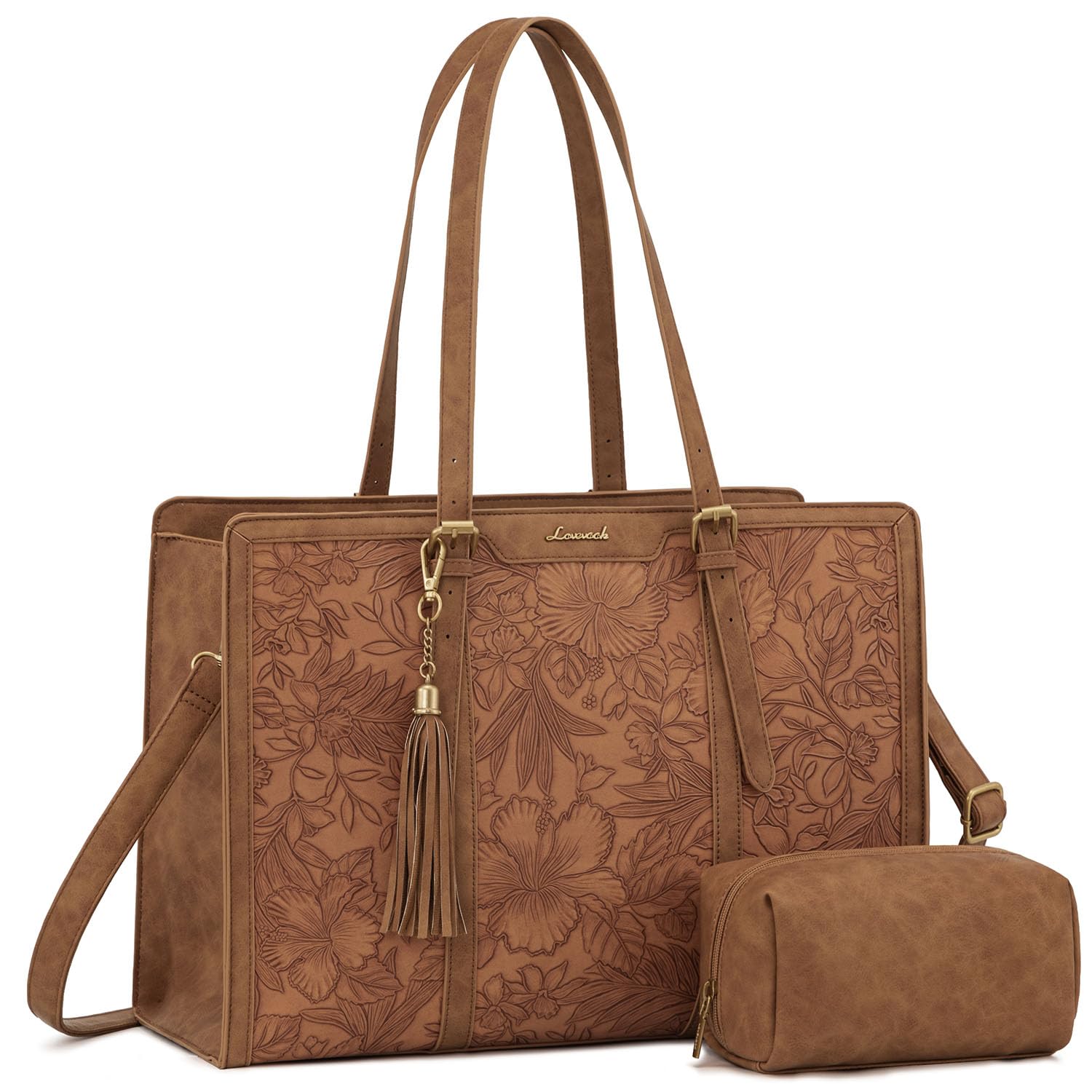 Brown leather handbag with floral embossing, tassel accent, gold hardware, and matching pouch.