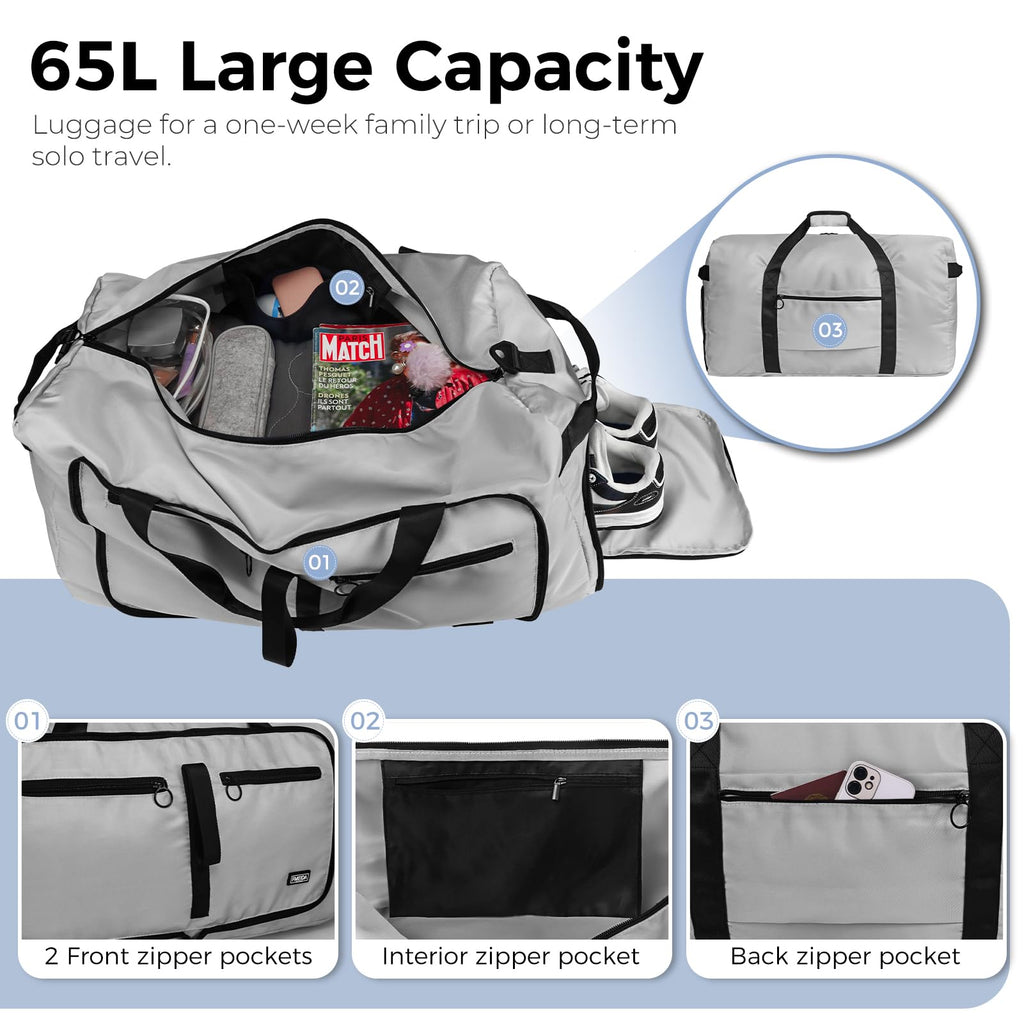 Foldable 65L Duffle Bag with Shoe Compartment