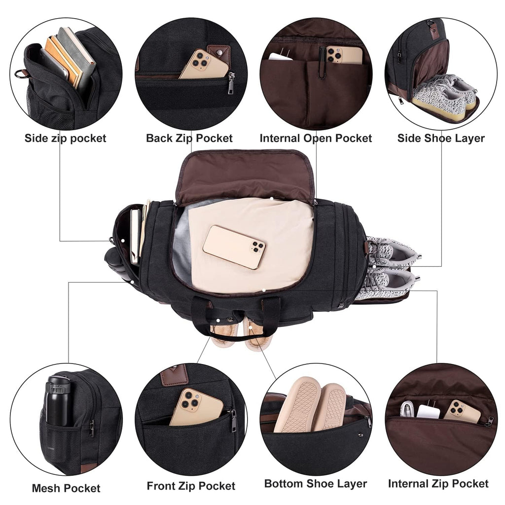 Leather Travel Bag with Shoe Pouch, Brown