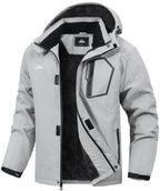 Gray winter jacket with black inner lining, detachable hood, and angular chest pocket design.