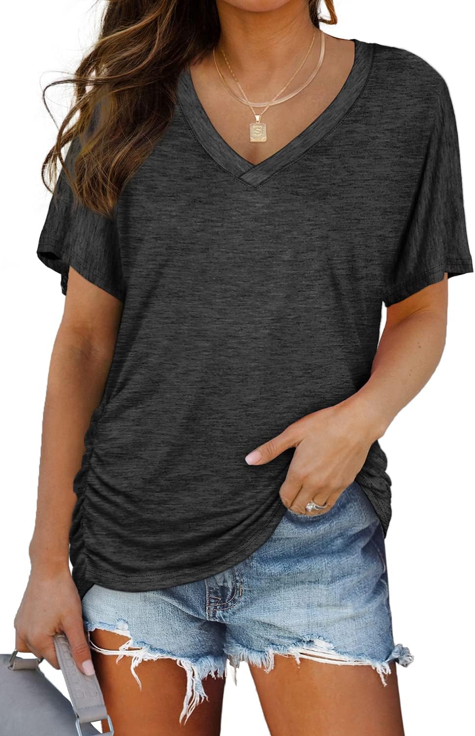 WIHOLL V-Neck Dolman Top with Side Shirring - Women's T Shirts by Handbags Specialist Headquarter | Available at Handbags Specialist Headquarter