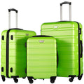 Three bright green suitcases with black handles and wheels, displayed in varying sizes.