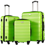 Three bright green suitcases with black handles and wheels, displayed in varying sizes.