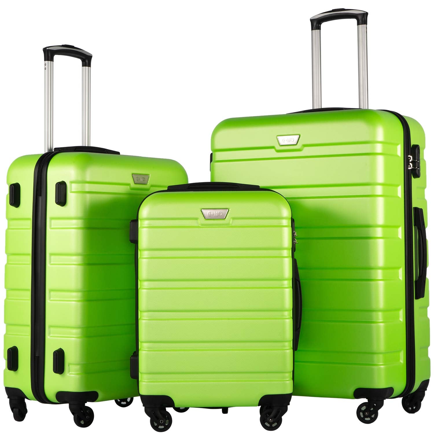 Three bright green suitcases with black handles and wheels, displayed in varying sizes.