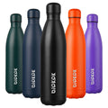 Five colorful water bottles in green, blue, black, orange, and purple, aligned in a row.
