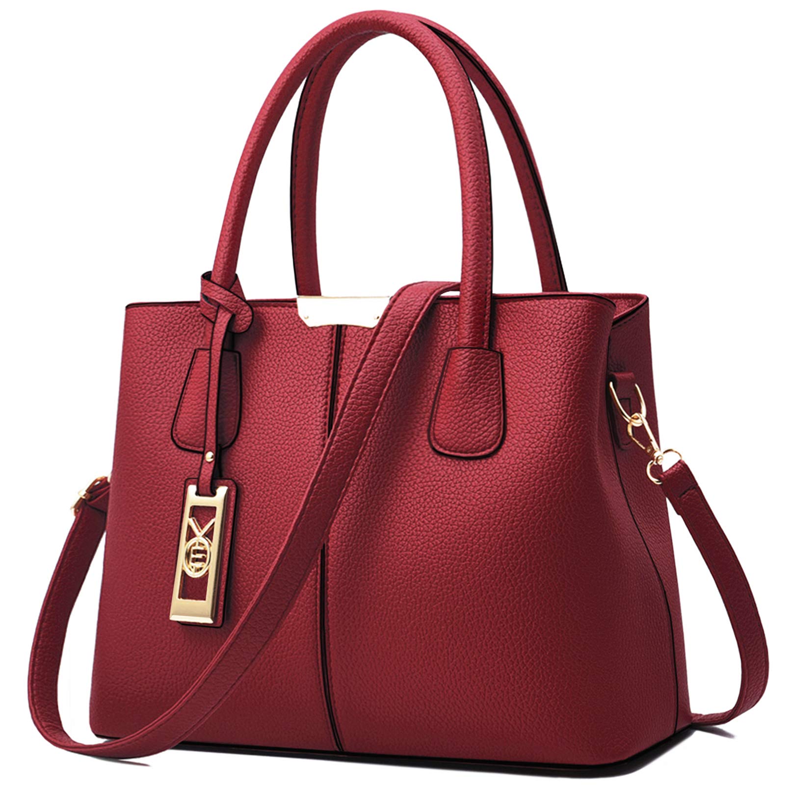 Red leather handbag with gold hardware, dual handles, and a detachable shoulder strap.