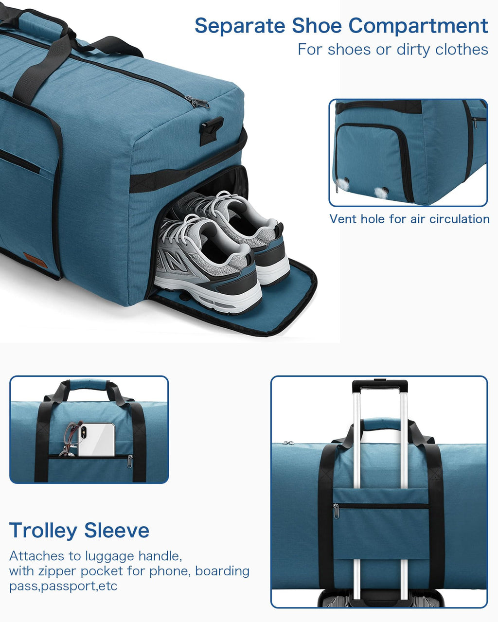 120L Foldable Waterproof Travel Duffel Bag with Shoe Compartment