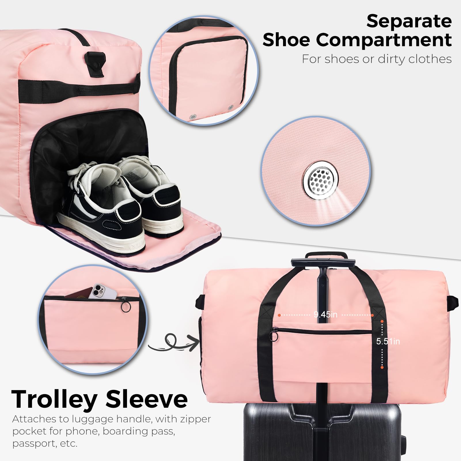 Foldable 65L Duffle Bag with Shoe Compartment