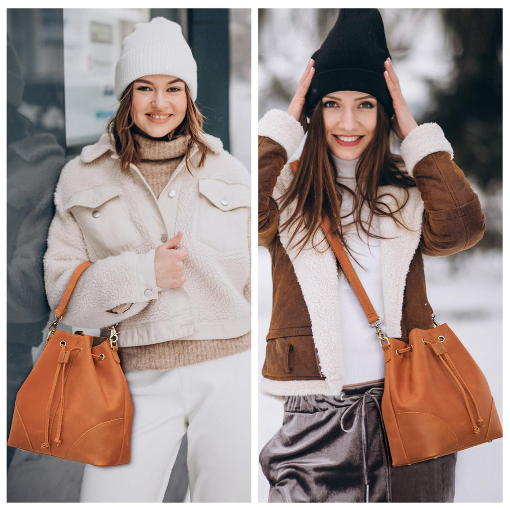 S-ZONE Luxe Leather Drawstring Bucket Bag -  by Handbags Specialist Headquarter | Available at Handbags Specialist Headquarter