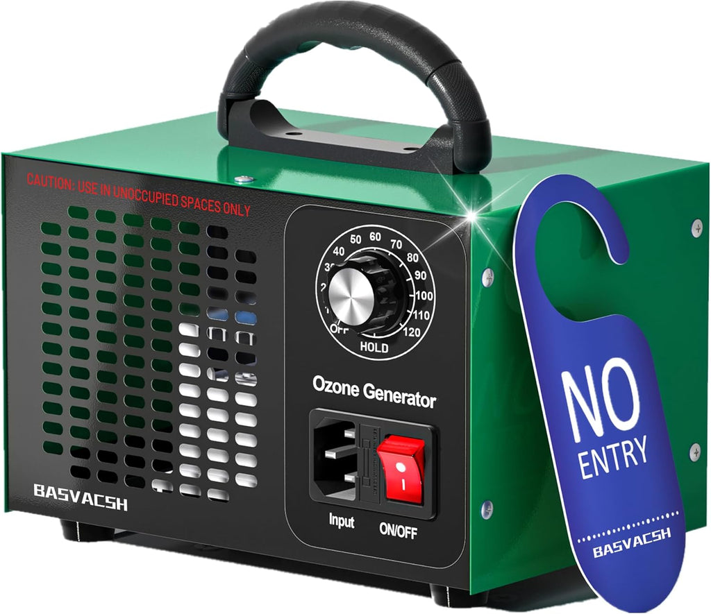 Green ozone generator with black control panel, knob, red switch, and a blue "No Entry" sign.