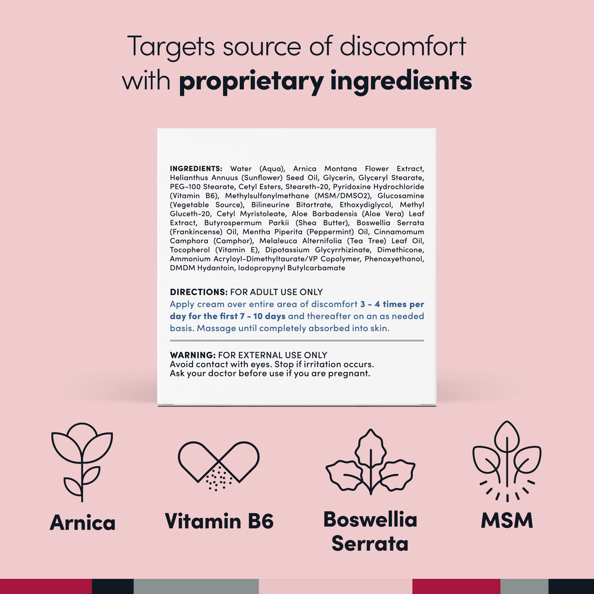 Penetrex Cream Duo Pack ingredient label highlighting arnica, vitamin B6, boswellia serrata, and MSM for pain relief. - Penetrex Cream Duo Pack - 2oz & 4oz Jars - 4 Ounce (Pack of 1) - Handbags Specialist Headquarter