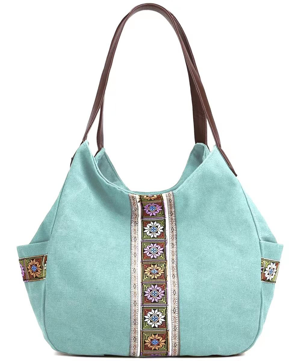 Worldlyda Women Canvas Embroidered Hobo Tote Bag