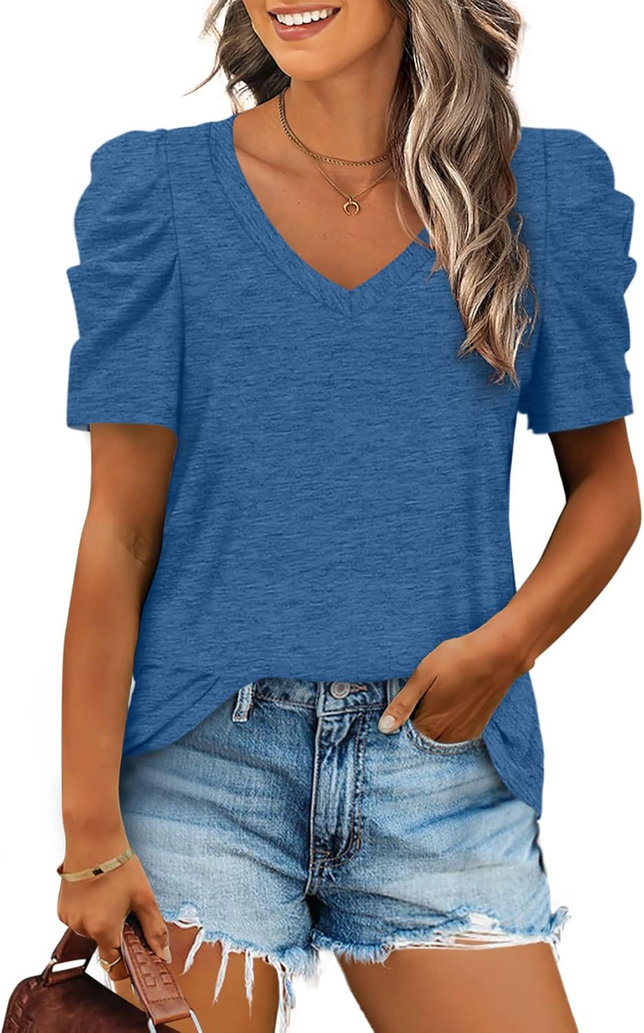 XIEERDUO Summer V-Neck Puff Sleeve Tee - All Sizes - Women's T Shirts by Handbags Specialist Headquarter | Available at Handbags Specialist Headquarter