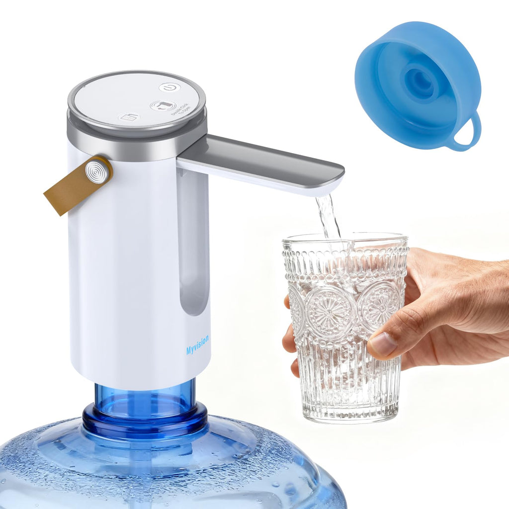 Automatic water dispenser on a blue bottle, pouring water into a glass, with a blue cap nearby.