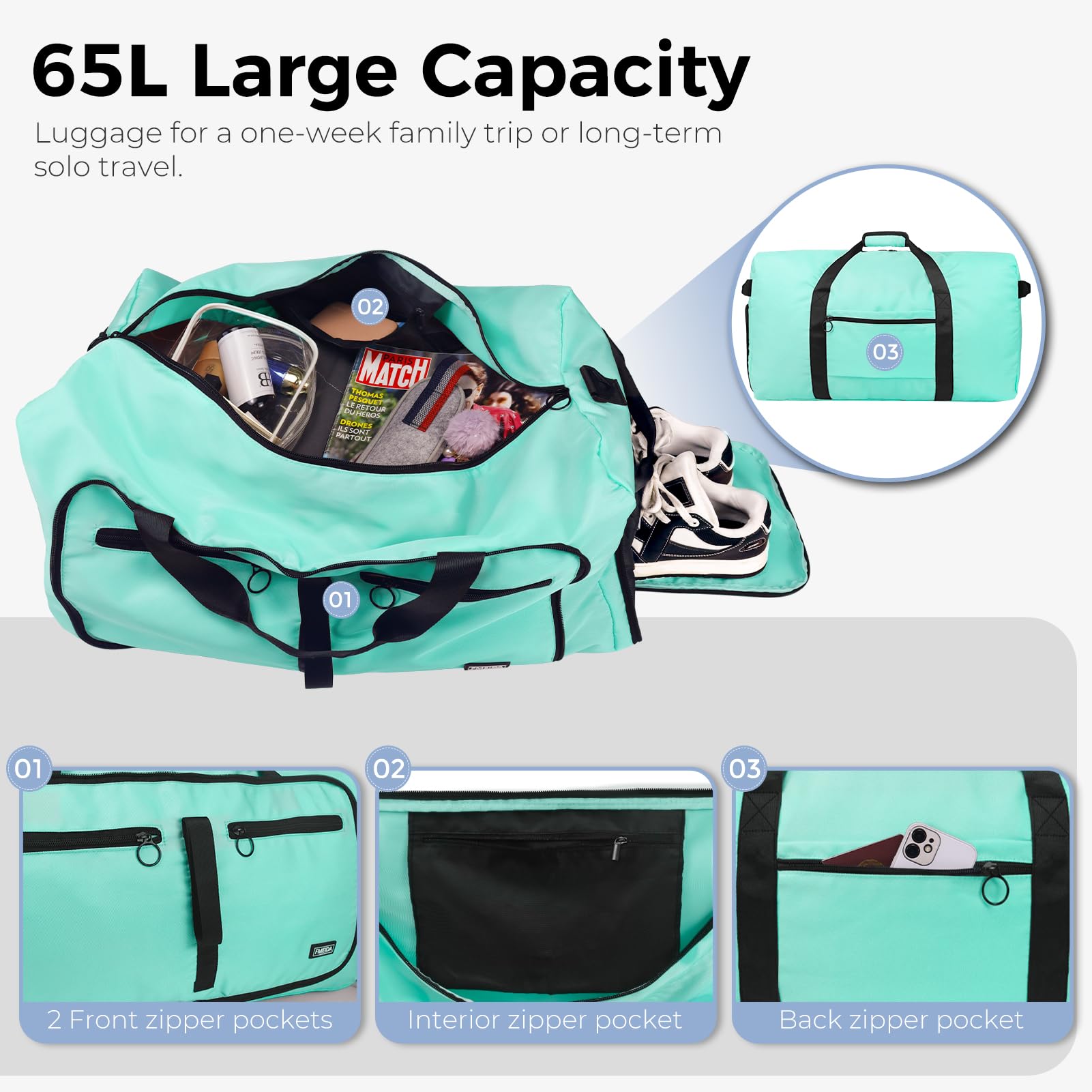 Foldable 65L Duffle Bag with Shoe Compartment