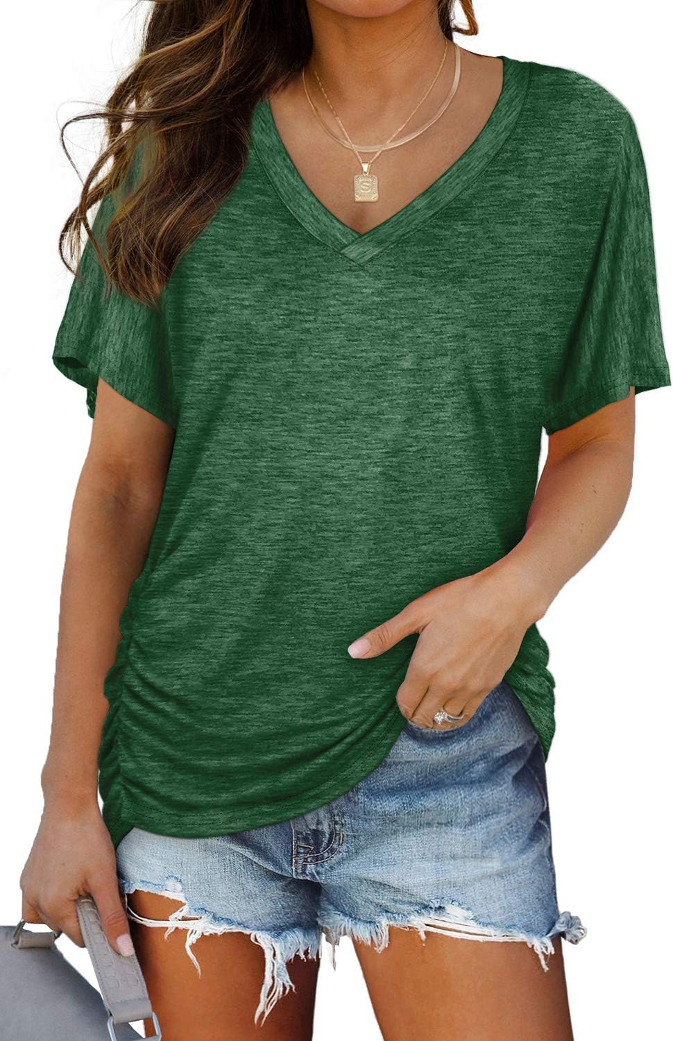 WIHOLL V-Neck Dolman Top with Side Shirring - Women's T Shirts by Handbags Specialist Headquarter | Available at Handbags Specialist Headquarter