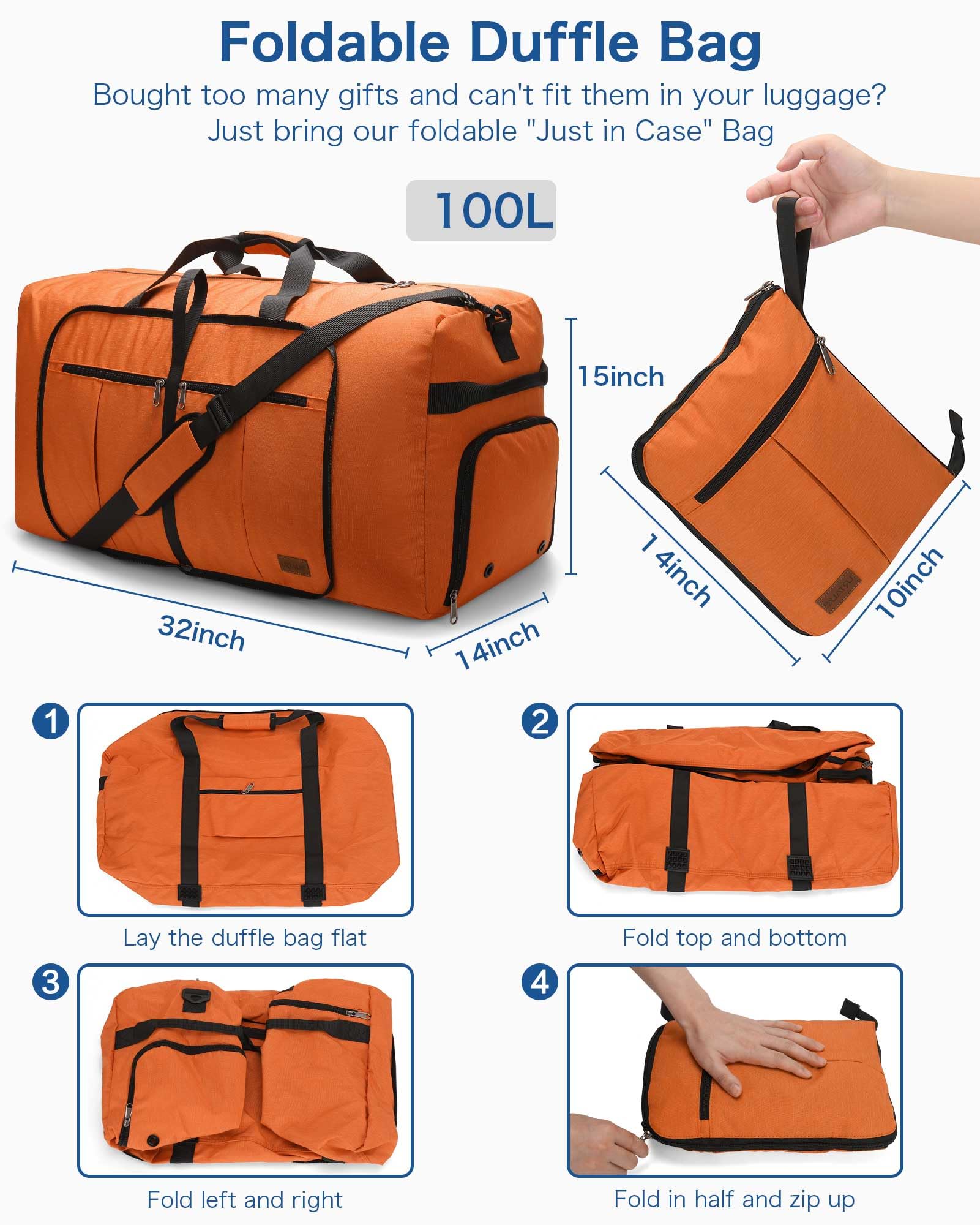 120L Foldable Waterproof Travel Duffel Bag with Shoe Compartment