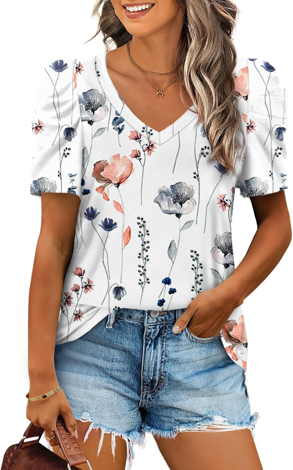 XIEERDUO Summer V-Neck Puff Sleeve Tee - All Sizes - Women's T Shirts by Handbags Specialist Headquarter | Available at Handbags Specialist Headquarter