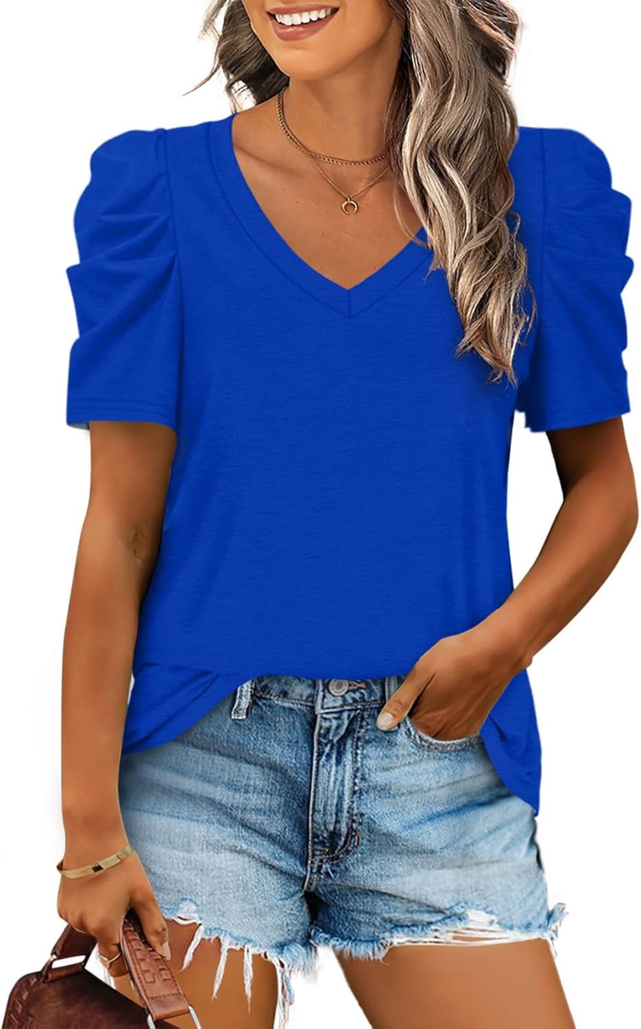 XIEERDUO Summer V-Neck Puff Sleeve Tee - All Sizes - Women's T Shirts by Handbags Specialist Headquarter | Available at Handbags Specialist Headquarter