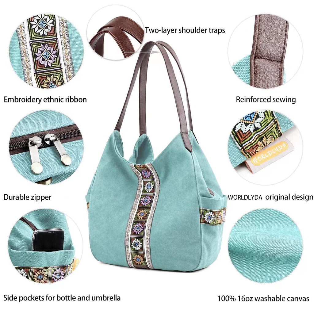 Worldlyda Women Canvas Embroidered Hobo Tote Bag
