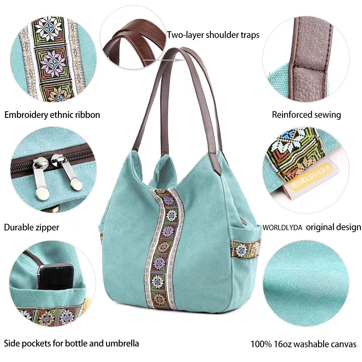 Worldlyda Women Canvas Embroidered Hobo Tote Bag