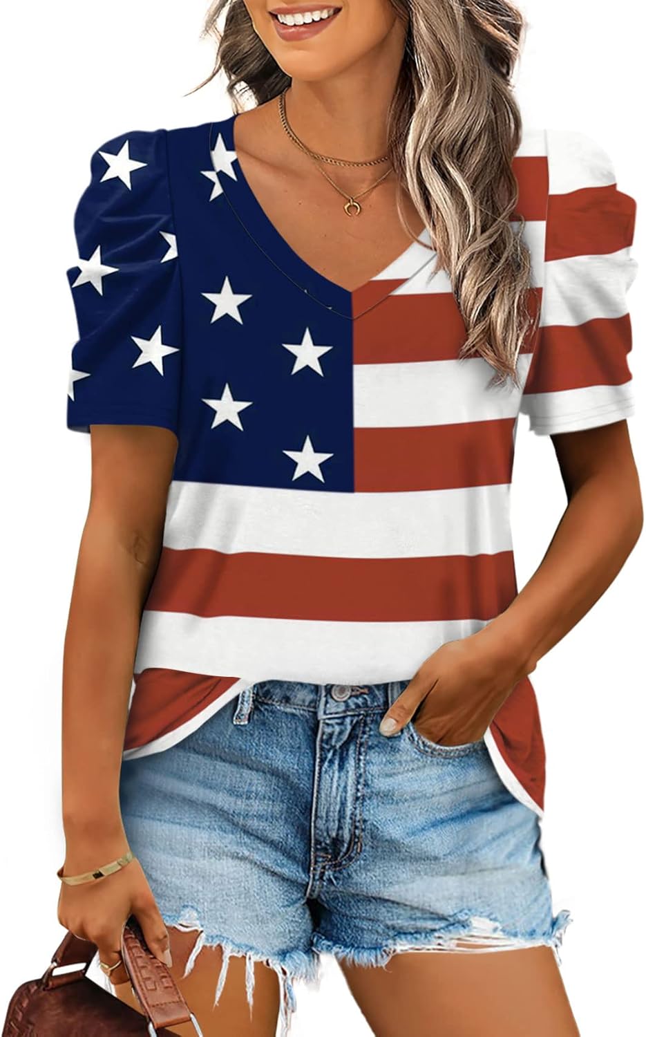 XIEERDUO Summer V-Neck Puff Sleeve Tee - All Sizes - Women's T Shirts by Handbags Specialist Headquarter | Available at Handbags Specialist Headquarter