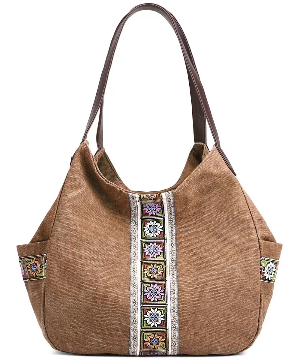 Worldlyda Women Canvas Embroidered Hobo Tote Bag