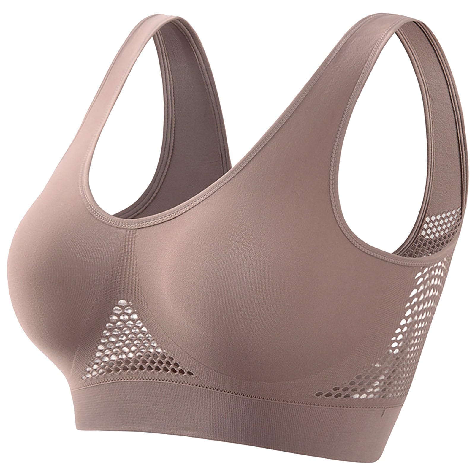 Beige sports bra with mesh panels on sides and under bust, featuring wide straps.