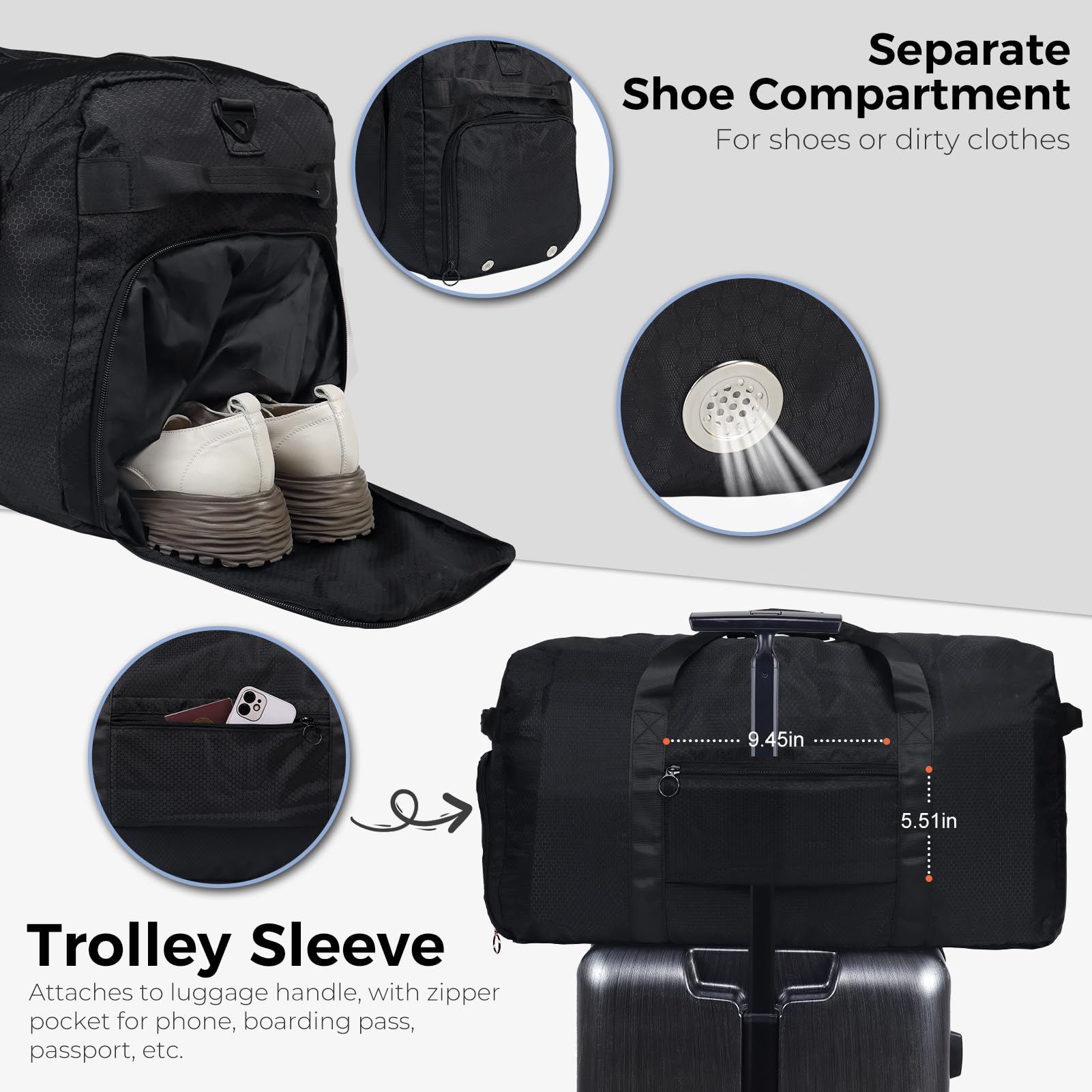 Foldable 65L Duffle Bag with Shoe Compartment