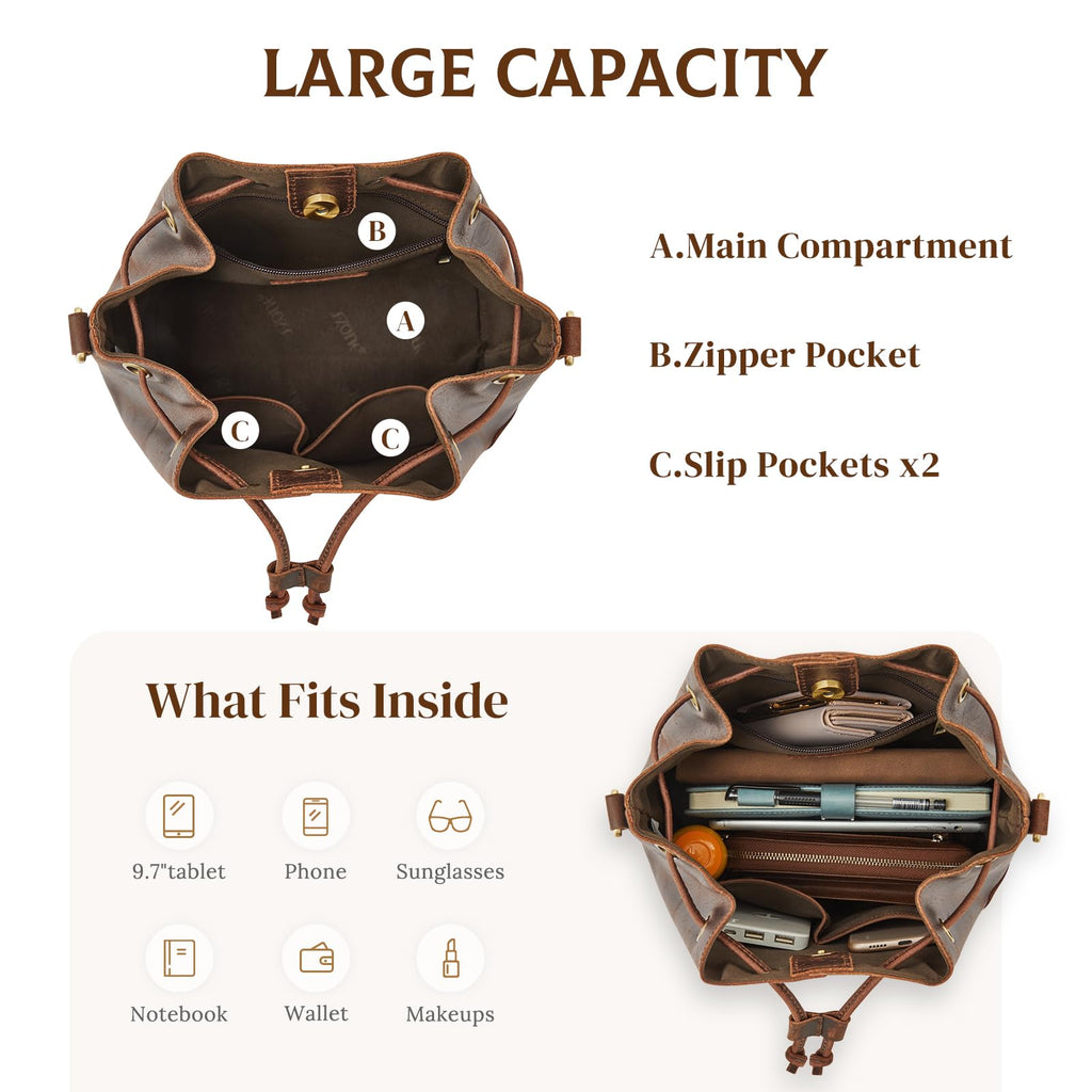 S-ZONE Luxe Leather Drawstring Bucket Bag -  by Handbags Specialist Headquarter | Available at Handbags Specialist Headquarter