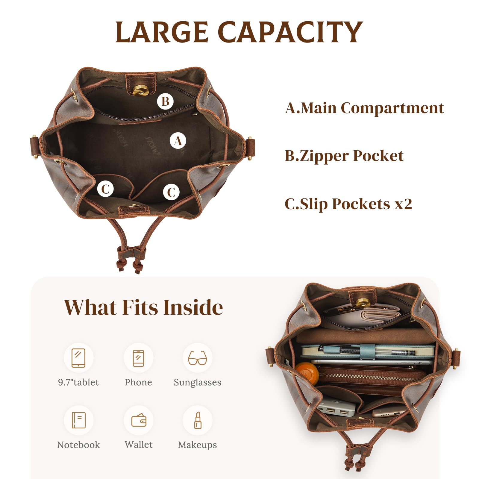 S-ZONE Luxe Leather Drawstring Bucket Bag -  by Handbags Specialist Headquarter | Available at Handbags Specialist Headquarter