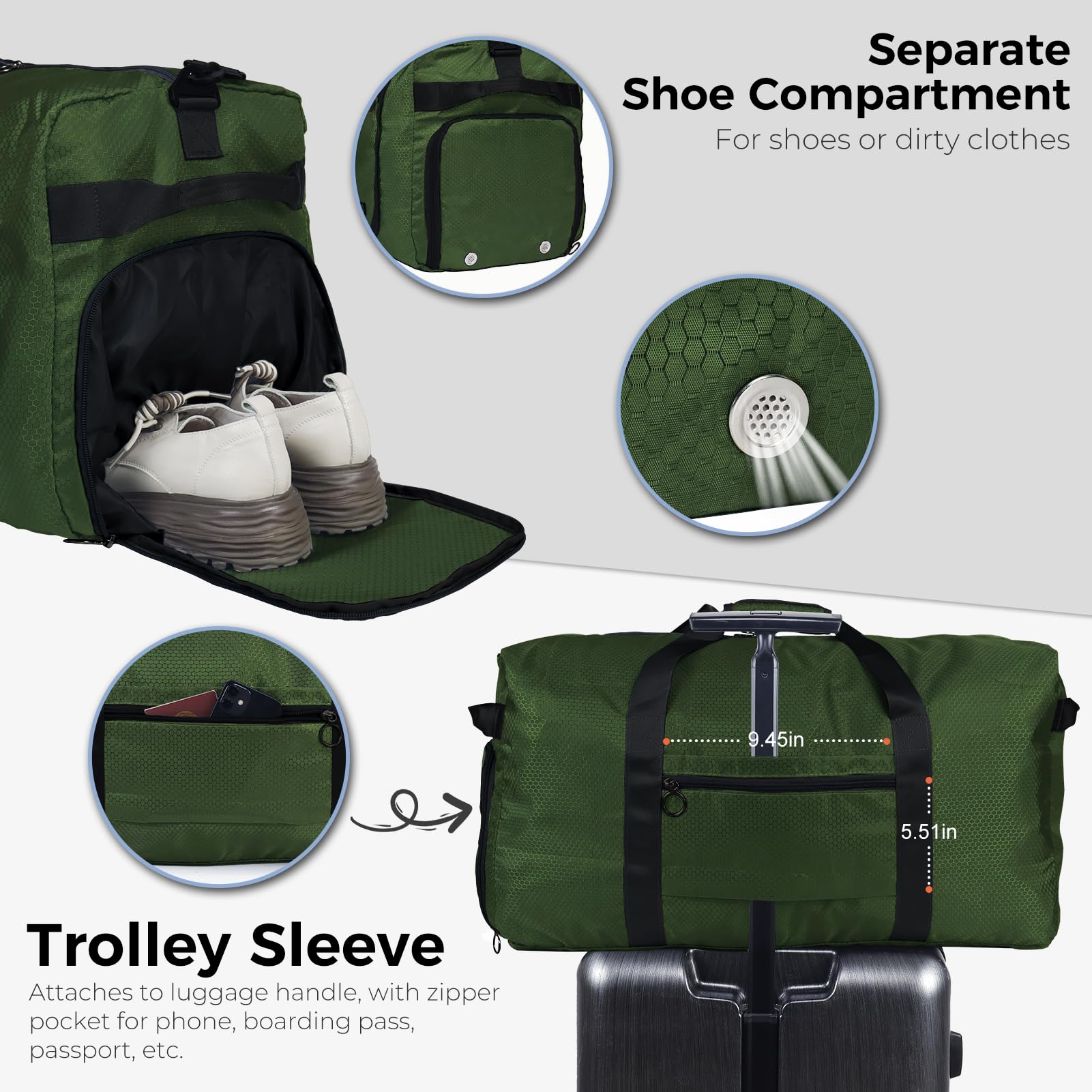 Foldable 65L Duffle Bag with Shoe Compartment