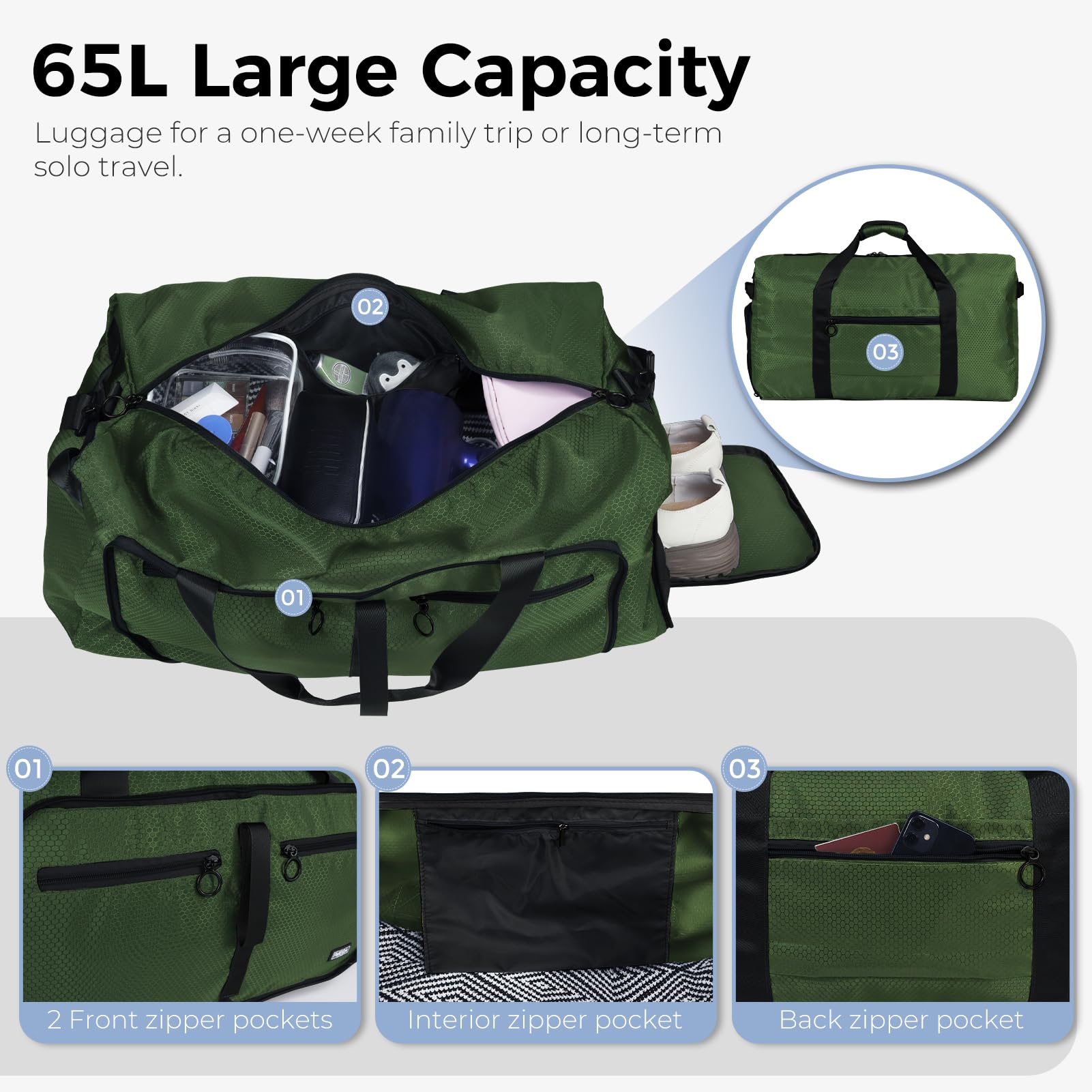Foldable 65L Duffle Bag with Shoe Compartment