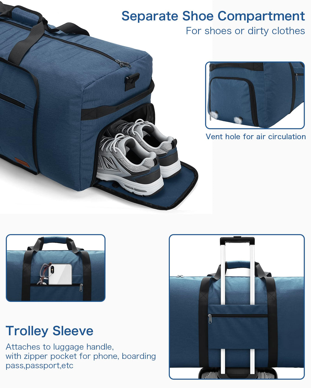 120L Foldable Waterproof Travel Duffel Bag with Shoe Compartment