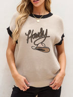 Howdy Cowboy Hat Embroidered Short Sleeve Sweater - Tops by Trendsi | Available at Handbags Specialist Headquarter