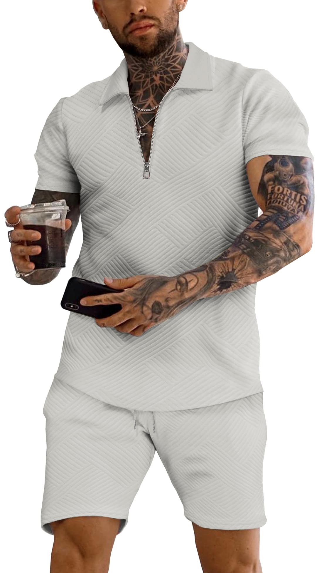 URRU Men's 2-Piece 3D Textured Polo & Shorts Set
