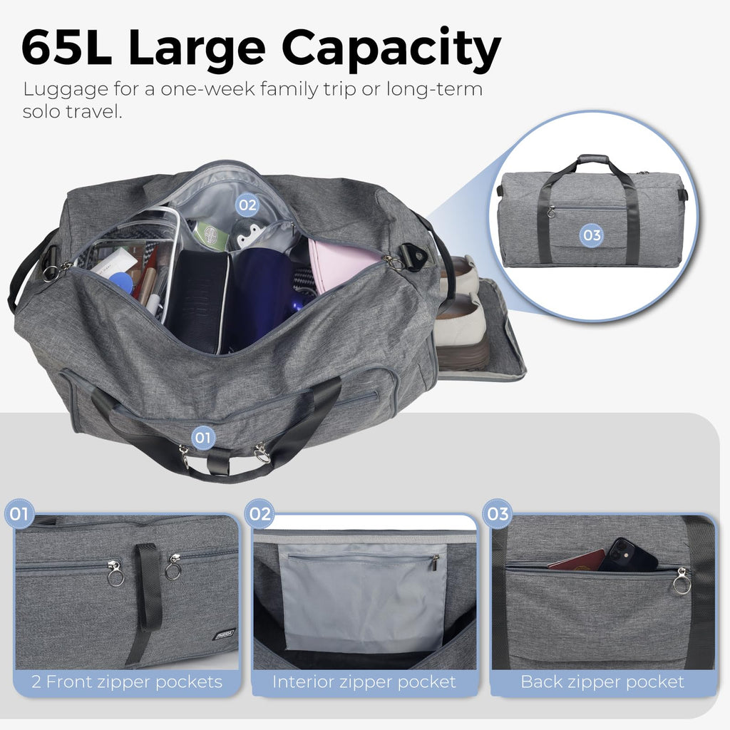 Foldable 65L Duffle Bag with Shoe Compartment