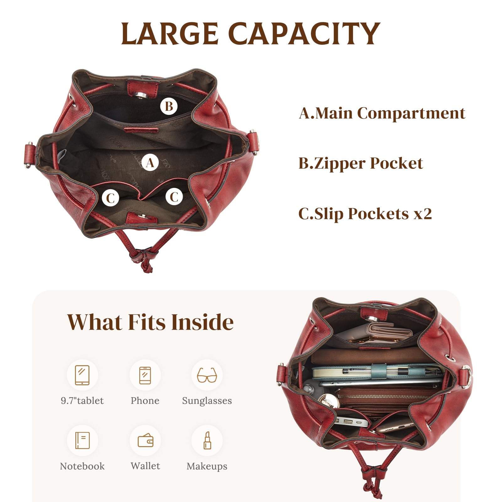 S-ZONE Luxe Leather Drawstring Bucket Bag -  by Handbags Specialist Headquarter | Available at Handbags Specialist Headquarter