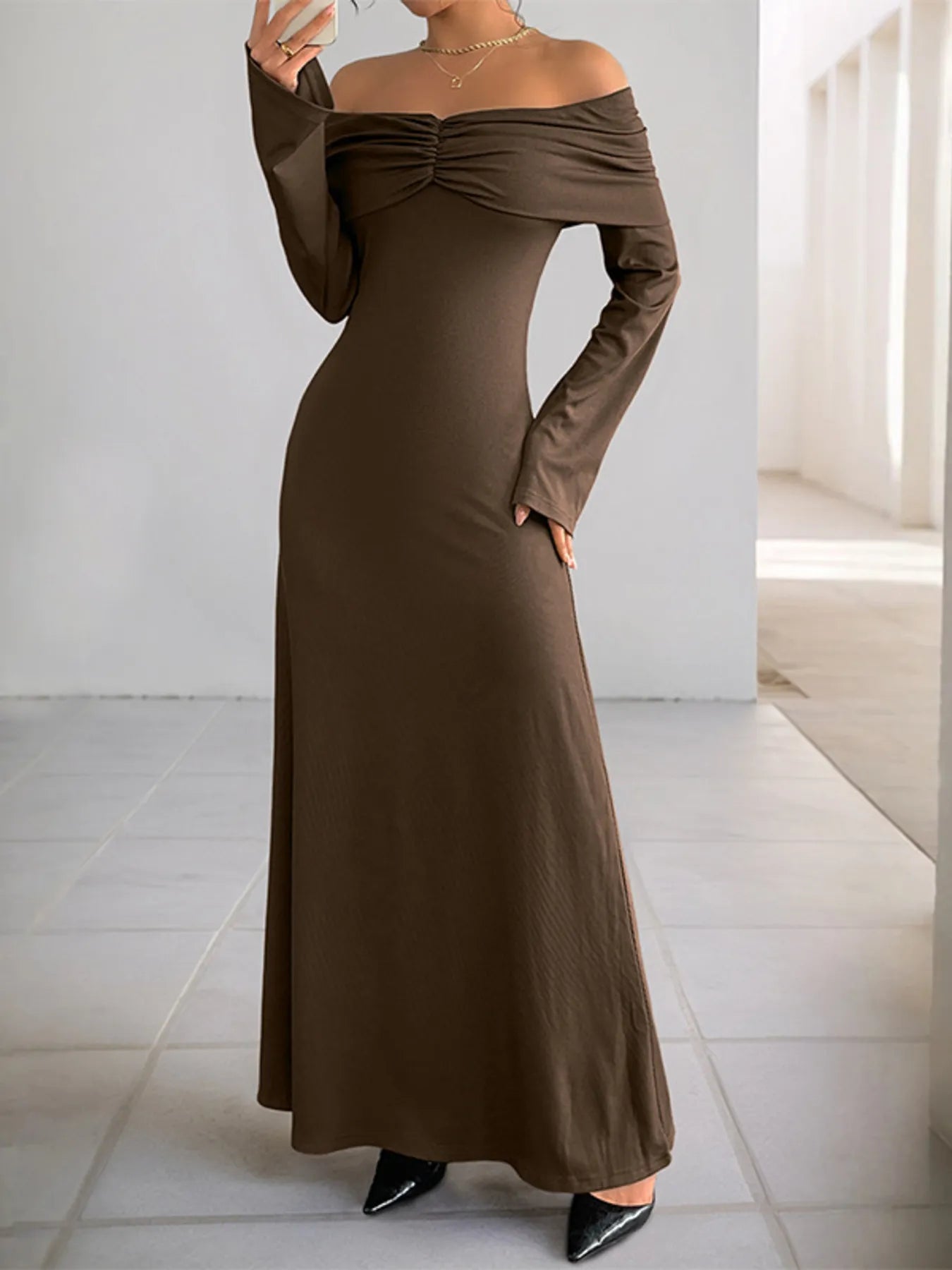 Off-Shoulder Long Sleeve Bodycon Maxi Dress - Maxi Dress by Trendsi | Available at Handbags Specialist Headquarter