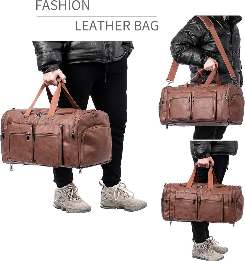 Leather Travel Bag with Shoe Pouch, Brown