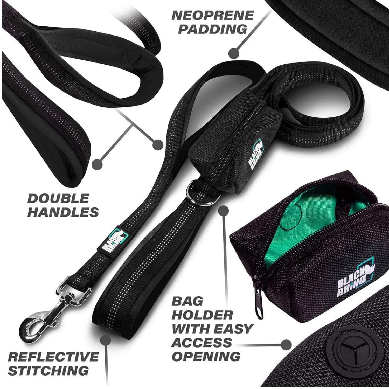 RhinoGrip Aqua: Double Handle Reflective Dog Leash -  by Handbags Specialist Headquarter | Available at Handbags Specialist Headquarter