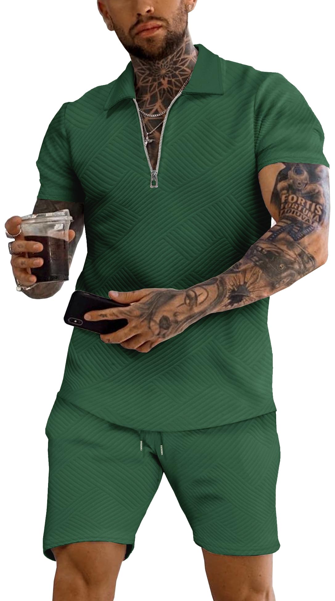 URRU Men's 2-Piece 3D Textured Polo & Shorts Set